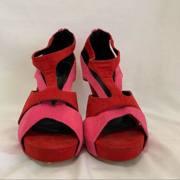 Liliana Red suede red pink straps hidden platform heel sandals duo tone peep toe - Picture 4 of 16